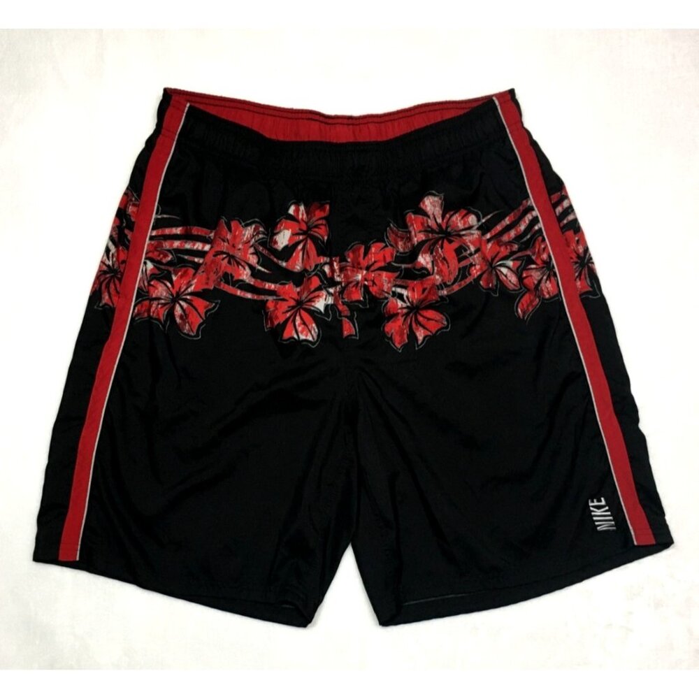 Nike Swim Trunks Board Shorts Mens XL Red Black Lined Logo Surfer Beach 34 x 8.5